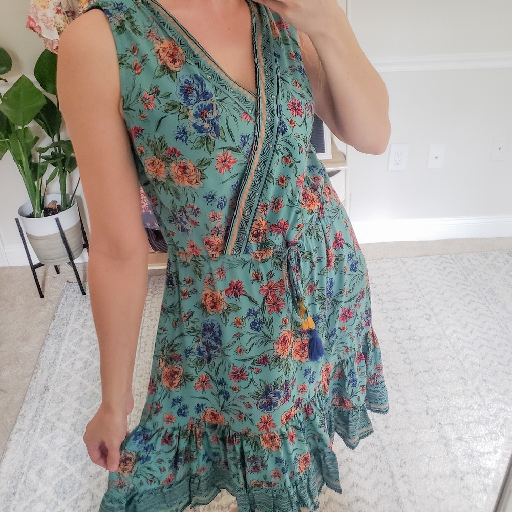 Floral Boho Printed Tank Dress Aqua Tassel Ties